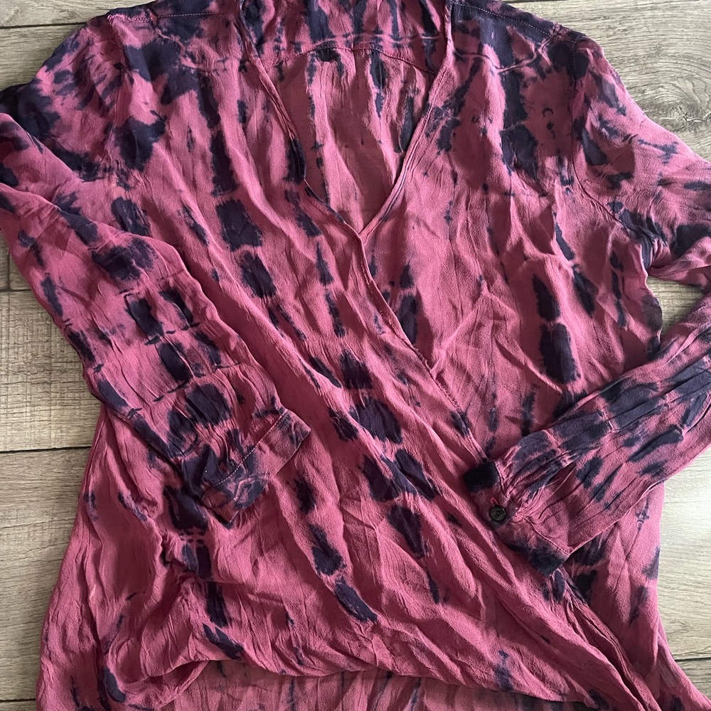 Tie-Dye Purple and Pink Silk L/S Blouse. Drape Front Bohemian Hippie Vipe